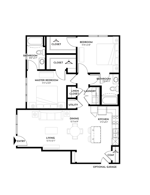 Floor plan for 2 beds, 2 baths, 1062 sqft